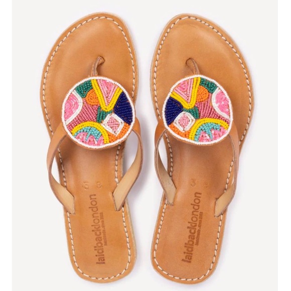 Anthropologie New Hand Beaded Flat Leather laidback London Sandal Multi size 7 🌸